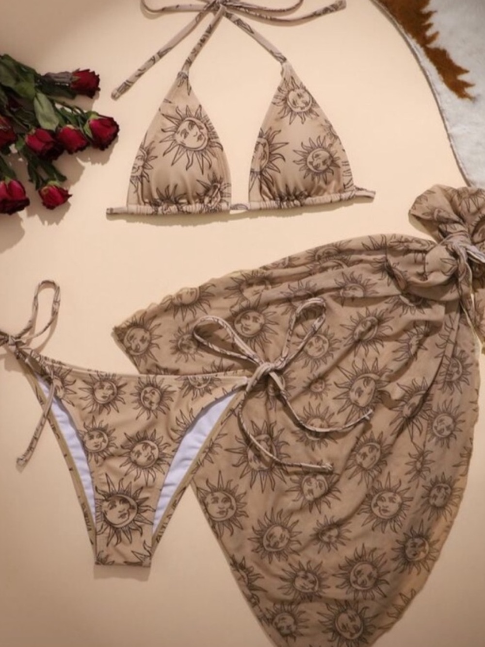 Y2K Celestial Sun Print Bikini Set + Sarong XL | Boho Astrology Swim Set